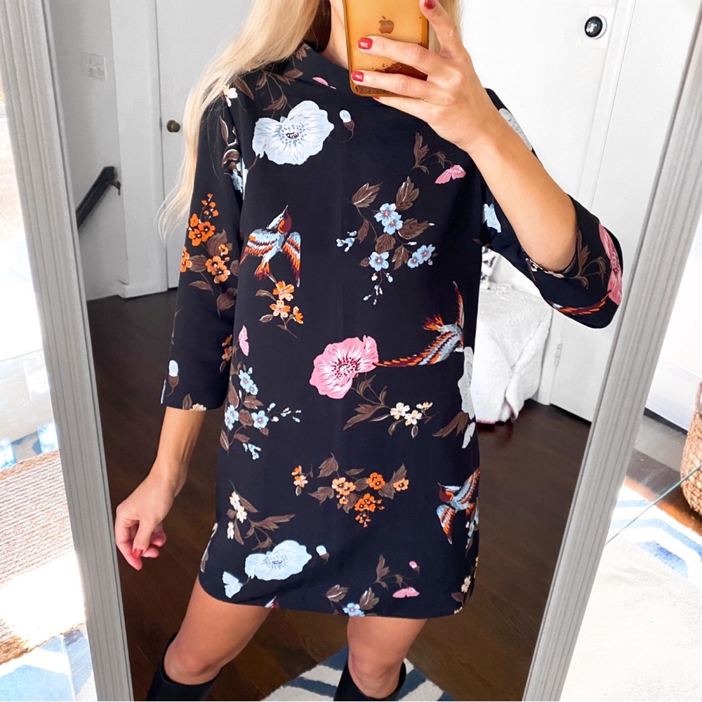 🖤 PRIMARK BOHO BLACK MULTI FLORAL BIRD CAPRI SLEEVE MOCK NECK MINI DRESS!